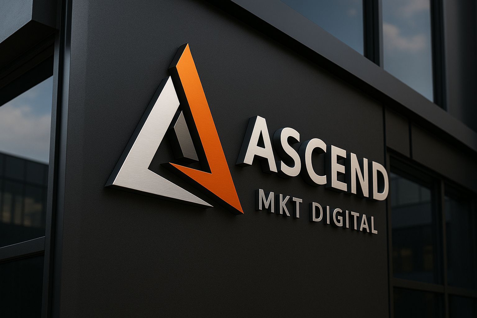 Aplicação da identidade visual da Ascend MKT Digital em fachada preta